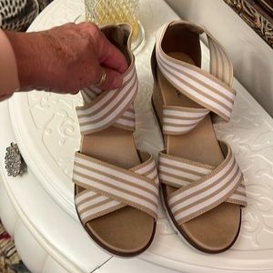 Elegant Beige Striped Wedge Sandals